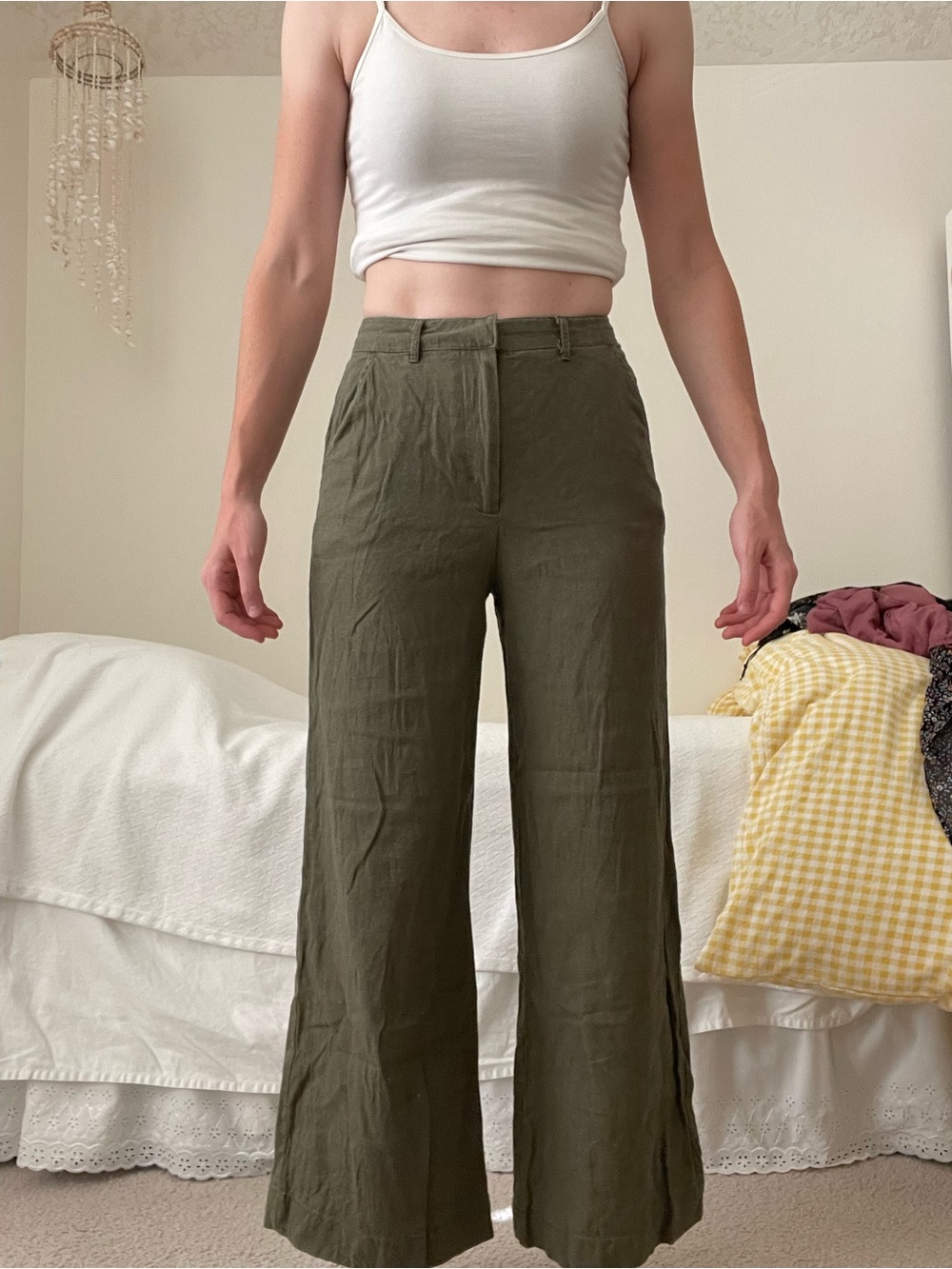 Olive Green Wide-Leg Linen-Blend Pants